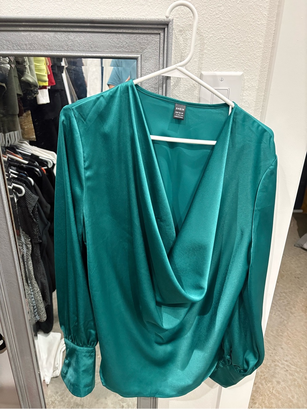 SHEIN Teal Satin Drape Neck Blouse